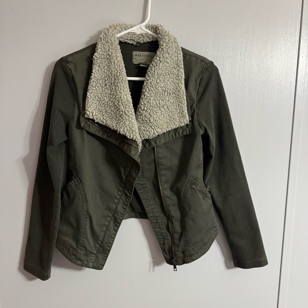 Marrakech Olive Green Moto Style Jacket with Sherpa Lining Size‎ XS